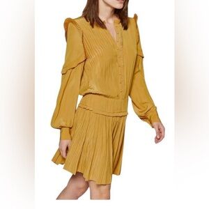 Joie Mustard Pleated Long-Sleeve Ruffle Dress